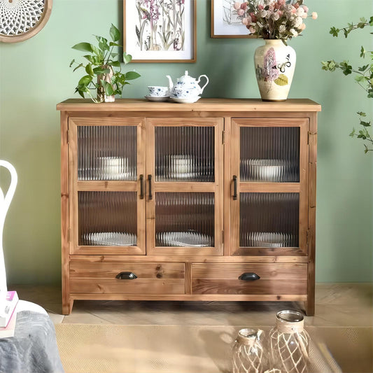 Accent Pastoral Style Home Furniture Solid Wood Kitchen Dining Room Storage Console Cabinet with 2 Drawer and 3 Glass Doors
