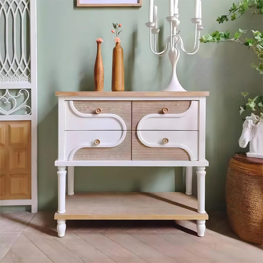 Living Room Furniture Entrance Rustic White Color Solid Wooden Console Table with 4 Drawer