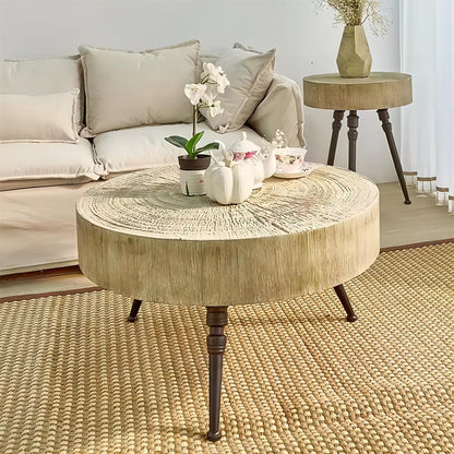 Living Room Round Small Rustic Solid Wooden Carved Top Side Nesting Coffee Table with Metal Legs