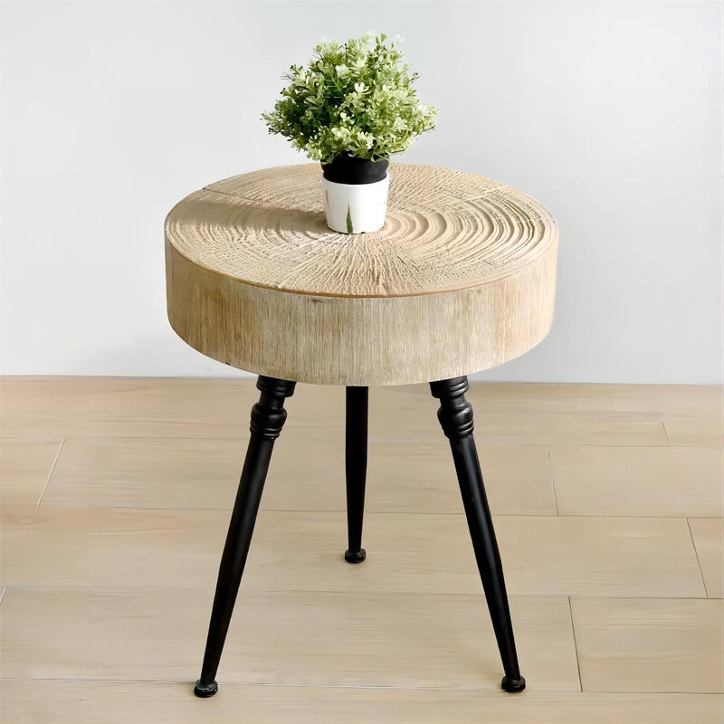 Living Room Round Small Rustic Solid Wooden Carved Top Side Nesting Coffee Table with Metal Legs