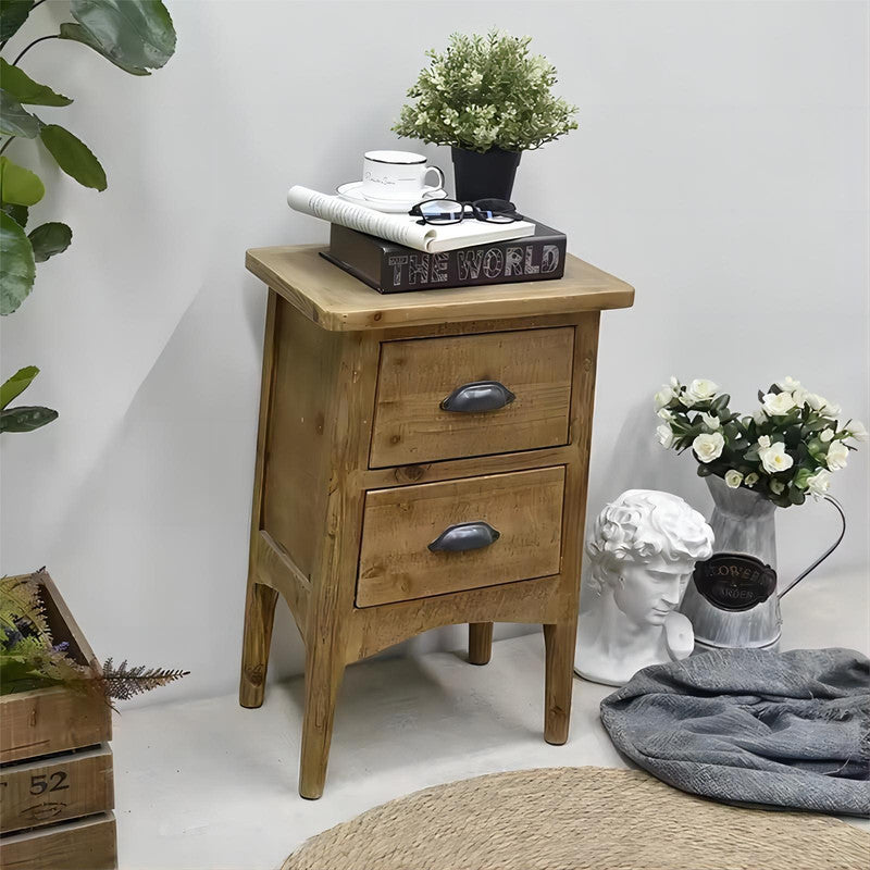 Living Room Rustic Design Small Bedroom Nightstand Retro Solid Wood Storage Bed Side Cabinet with 2 Drawers