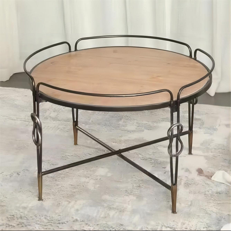 Living Room Decorative Accent Furniture Metal Frame Wooden Top Vintage Coffee Table Industrial Round Center Table