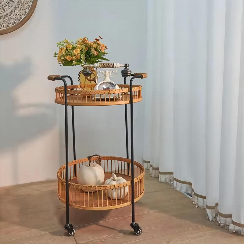 Round Kitchen Storage Side Serving Table Bamboo Rattan Wood Top Classic Black Iron Metal Frame 2 Tier Bar Cart Trolley