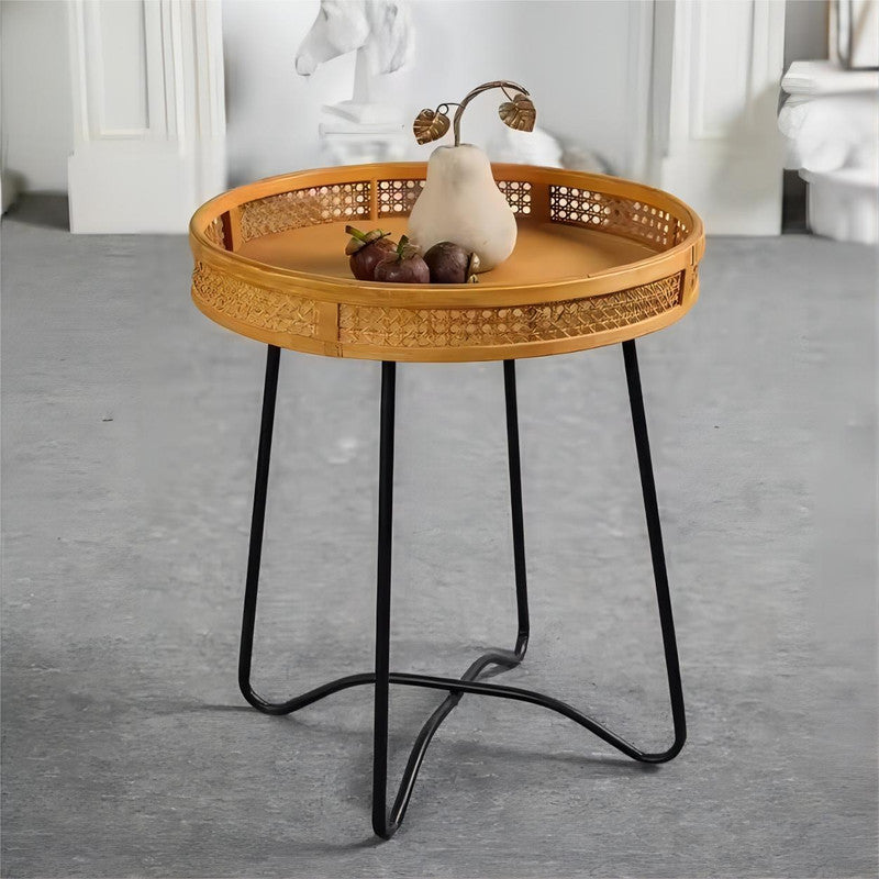 Living Room Furniture Country Natural Design Bamboo Wood Round Side Coffee Table Tea Table with Metal Leg