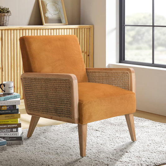 Upholstered Accent Chair with Rattan Arms