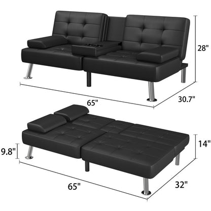 66'' Wide Faux Leather Convertible Upholstered Reclining Sofa with Cup Holder